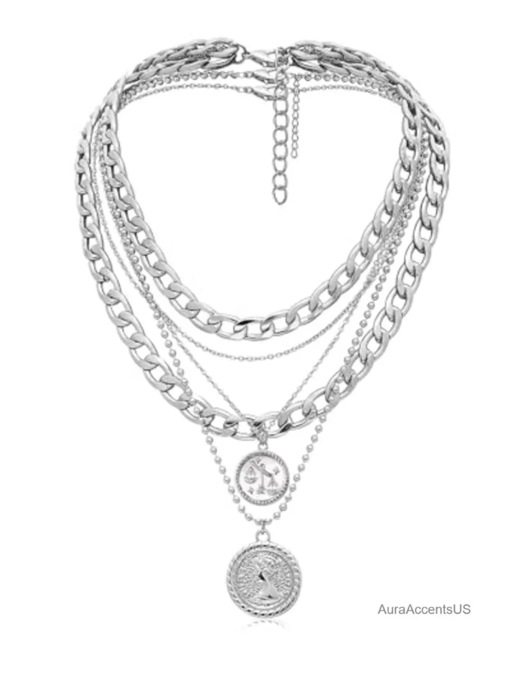 3 Piece Layered Coin Pendant Necklace Set for Women Retro Chunky Chain
